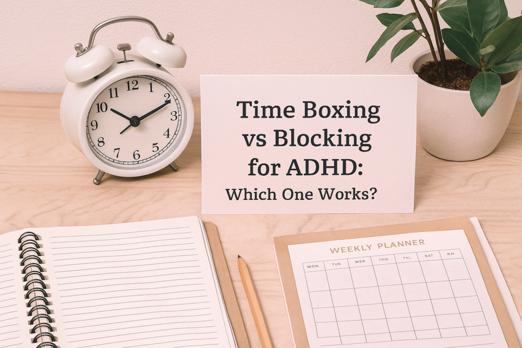 Workspace with an alarm clock, notebook, weekly planner, and a card showing the text ‘Time Boxing vs Blocking for ADHD: Which One Works?’ next to a plant.