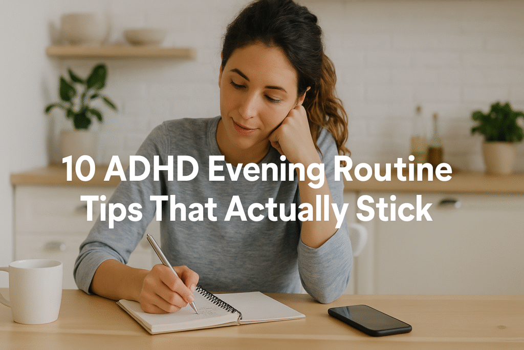 Woman writing in a notebook as part of ADHD evening routine tips for better productivity.