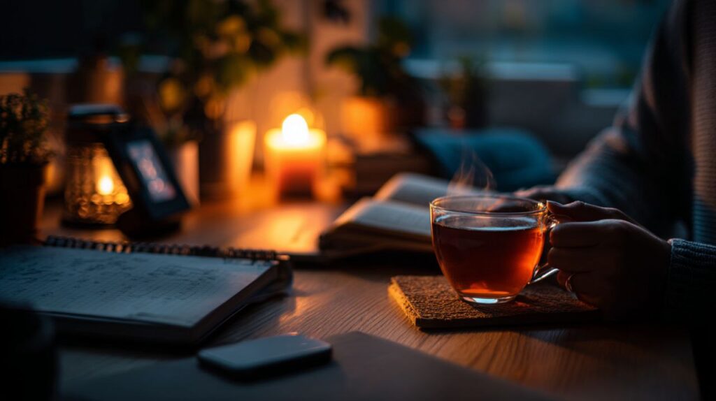 Cozy ADHD evening routine with tea, journal, and candlelight