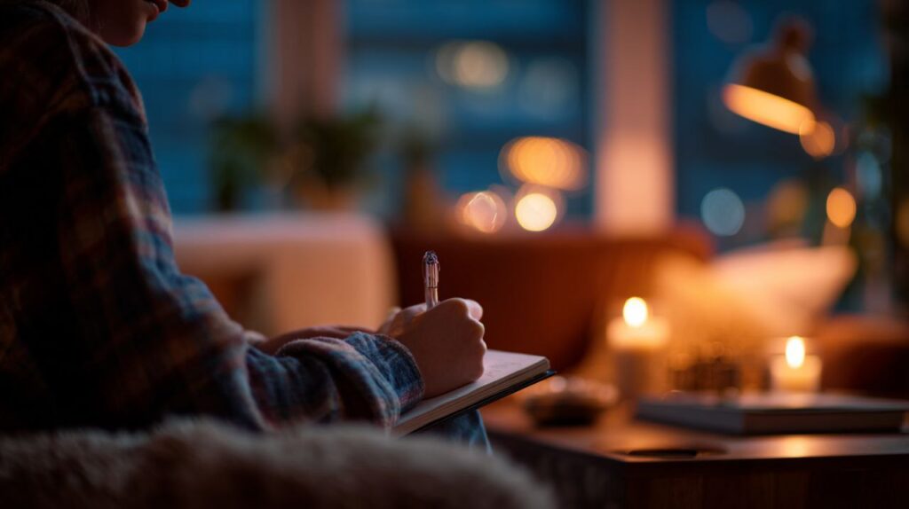 Person writing in journal as part of an ADHD evening routine with cozy candlelight