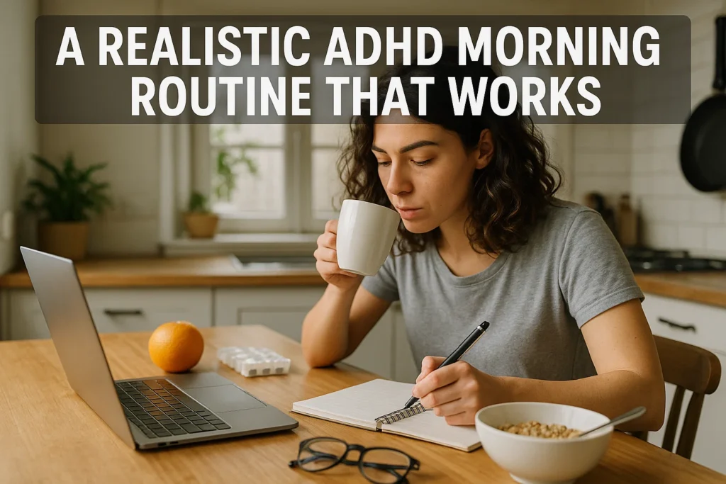 Woman with ADHD creating a realistic morning routine – coffee, laptop and checklist
