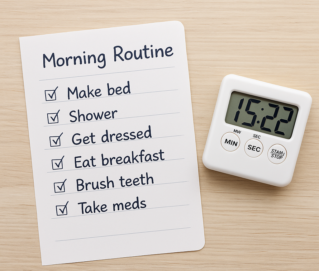 Handwritten ADHD morning routine checklist with digital clock showing 15:22